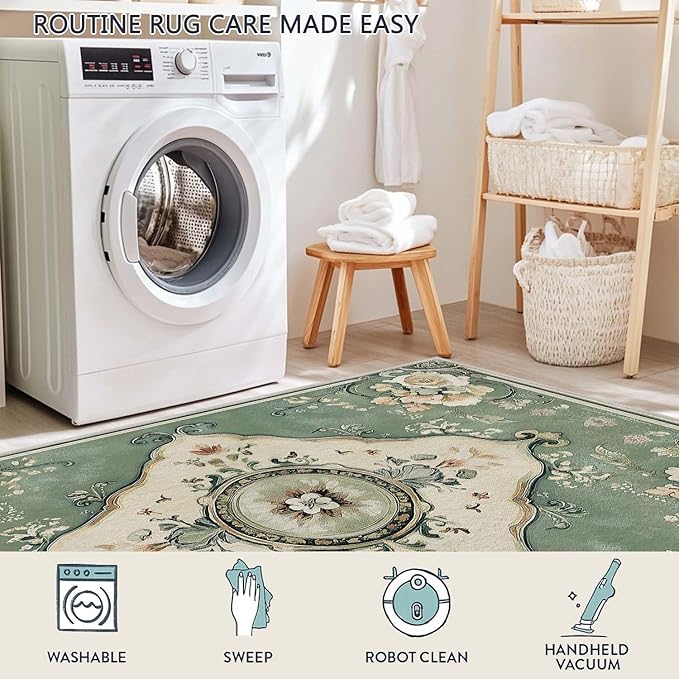 3x5 Area Rug Machine Washable Entryway Rugs Boho Green Rug Non-Slip Low Pile Door Mat Entrance Small Carpet for Home Kitchen Bathroom Bedroom