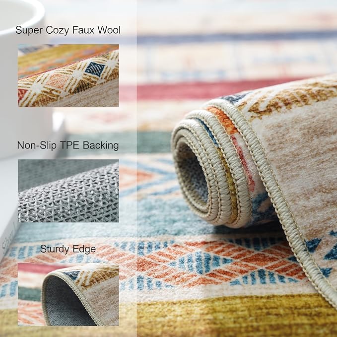 2x3 Washable Moroccan Area Rug: Geometric Boho Area Rugs for Entryway Small Mat for Kitchen with Non-Slip Backing Indoor Bedroom Door Mat Red&Blue Colourful 2'x3'.