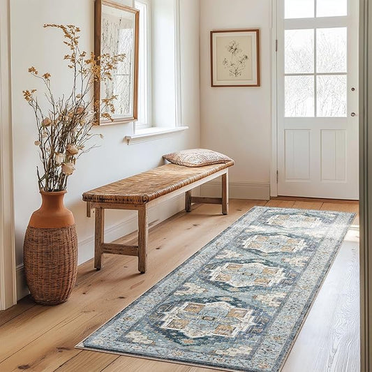 Washable 2x10 Area Rugs, Rugs for Living Room, Low-Pile Water&Stain Resistant Carpet Vintage Distressed Printed Non-Slip Carpet for Bedroom Bathroom Kitchen-Sky Blue