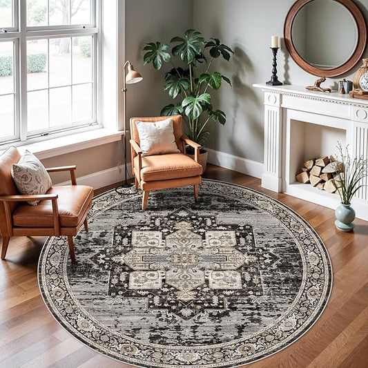 RUUGME Hallway 6ft Round Rugs - Boho Rugs for Living Room Stain Resistant Carpet Vintage Tribal Rugs for Bedroom Kitchen Dining Room with Non Slip Backing Home Decor Floor Decoration Mat 6ft Black