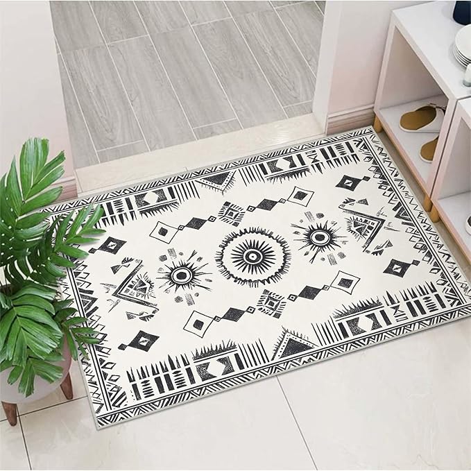 2x3 Area Rug Machine Washable Entryway Rugs Western Tribal Southwestern Black White Rug Non-Slip Low Pile Door Mat Entrance Small Carpet for Home Kitchen Bathroom Bedroom
