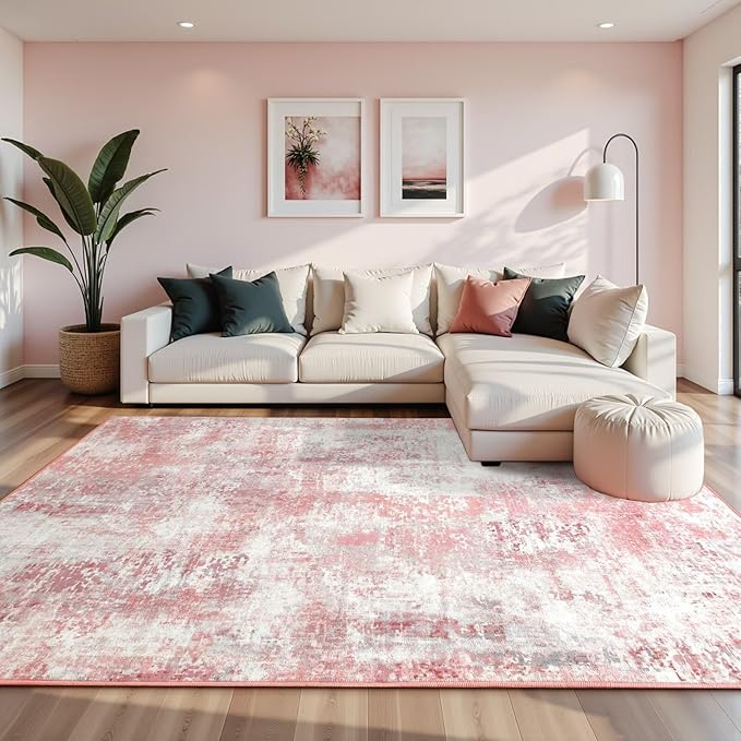 Washable Abstract Rug, 5x7 Modern Area Rugs with Non-Slip Rubber Backed for Living Room, Thin but Soft Contemporary Carpet Kitchen Bedroom Dining Room Decor, Pink
