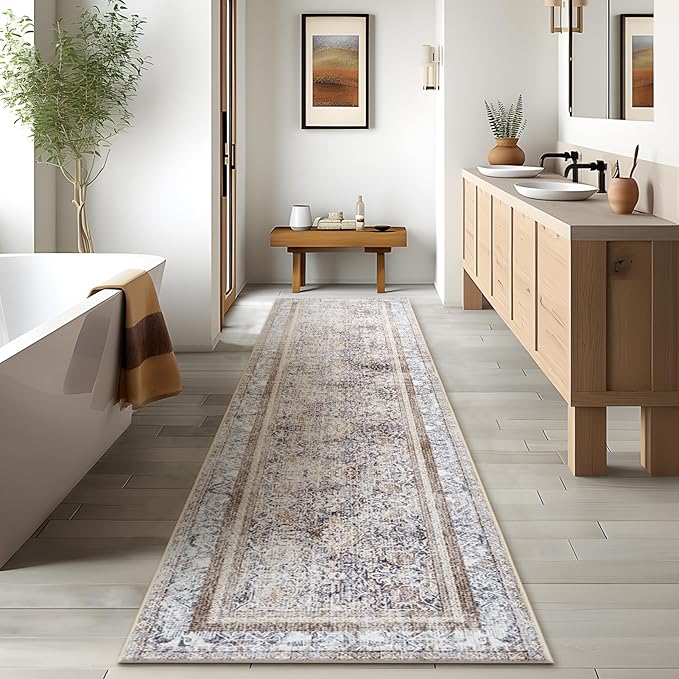Phantoscope Hallway Runner Rug 2'x8' - Boho Washable Non-Slip Kitchen Rug Runner, Ultra-Thin Vintage Distressed Accent Throw Rug for Entryway Laundry Bathroom Bedroom, Light Brown