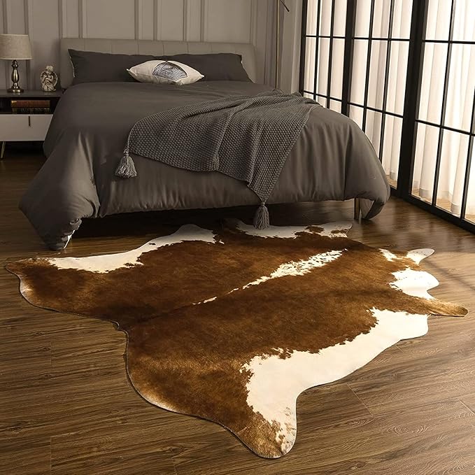 BENRON Premium Cowhide Rug, Faux Cow Hide Rugs for Living Room Bedroom Western Home Decor, Non Slip Cute Rug with Irregular Animal Skins and Hides, Khaki Brown, 5.2 x 6.2ft