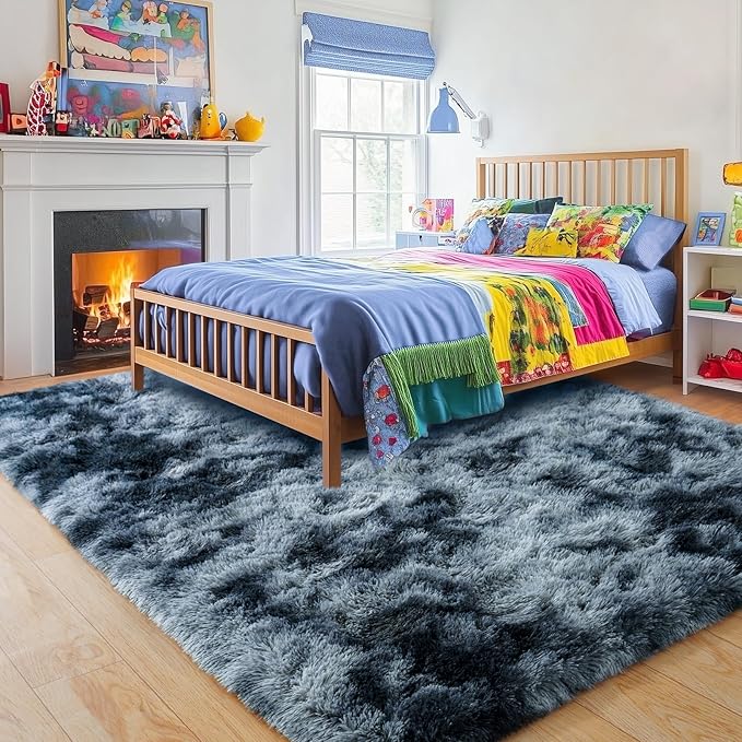 Area Rugs for Bedroom, 4x6 Feet Tie-Dyed Blue Grey Shaggy Fluffy Throw Carpets, Ultra Soft Plush Modern Indoor Fuzzy Rugs for Living Room Kids Nursery Room Dorm Home Decor