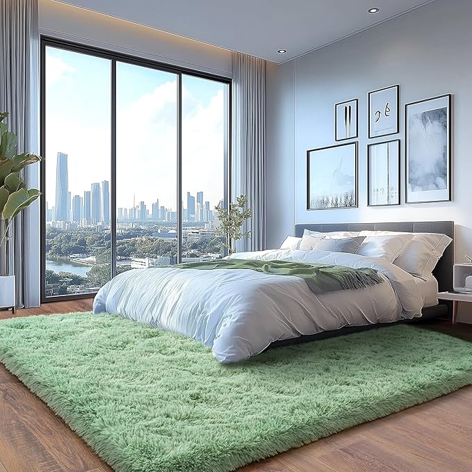 Fluffy Rug for Living Room Shaggy Soft Area Rug Mint Green Fuzzy Rug Non-Slip Indoor Floor Carpet, Rectangle 4x6 Feet