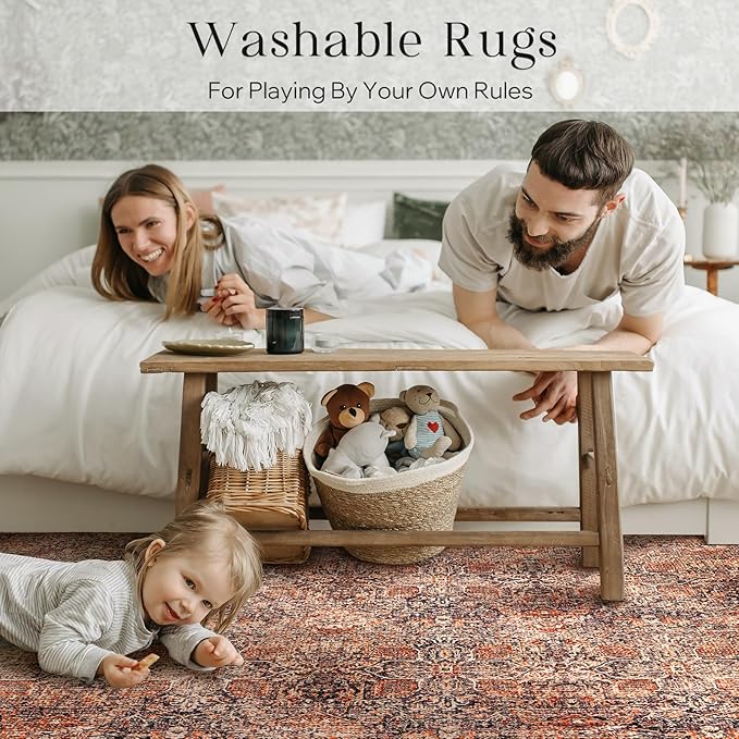 Phantoscope Vintage Collection Area Rug - 8'x10' Large Living Room Rug - Washable Boho Non-Slip for Bedroom & Dining Room, Distressed Accent Floor Carpet, Low-Pile, Brick Red/Black