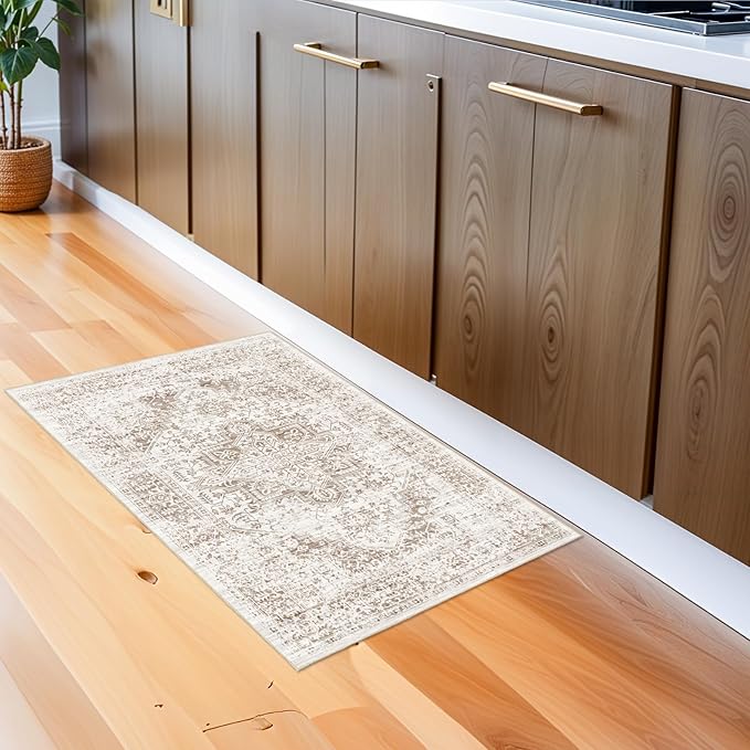 Washable 2x3 Entryway mat - Small Indoor Area Rug for Entrance with Vintage Non-Slip Low-Pile Traditional Medallion Indoor Rug with Stain Resistant Accent Distressed Carpet Thin Rug (Bridge)