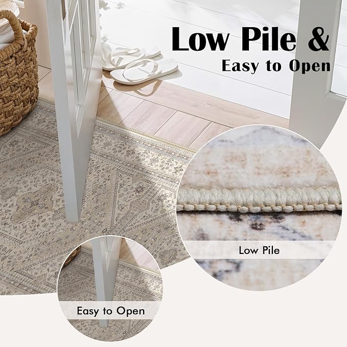 2x5 Runner Rug for Hallway Washable: Non Slip Kitchen Rugs with Rubber Backing Soft Waterproof Mats Stain Resistant Indoor Vintage Carpet Runner for Bedroom Bathroom Laundry Entryway Beige/Gray