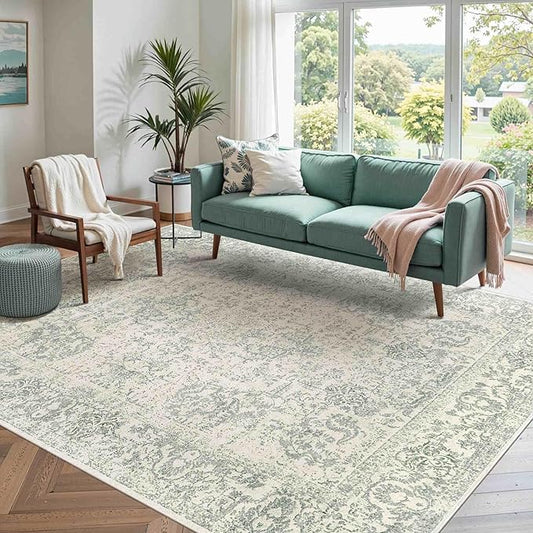 4x6 Washable Area Rug for Living Room, Vintage Boho Rugs for Office, Dining Room, Kids Room, Farmhouse, Durable Low Pile Non Slip Carpet for High Traffic Areas, Light Green