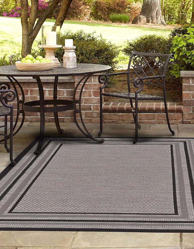 Unique Loom Outdoor Border Collection Area Rug - Multi Border (7' 10" x 10' Rectangle Gray/Black)