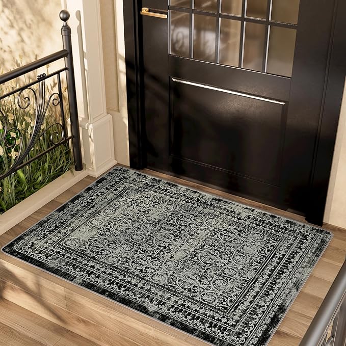 2x3 Small Washable Non-Slip Vintage Chenille Area Rug,Low Pile Distressed Floral Carpet for Entryway Kitchen, Boho Farmhouse Stain Resistant Indoor Rug