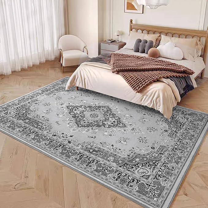 Vintage Area Rug for Living Room, Machine Washable Rug Non Slip Low Pile Large Rug for Living Room, Bedroom, Farmhouse, Dining Room, 9x11 Feet, Grey
