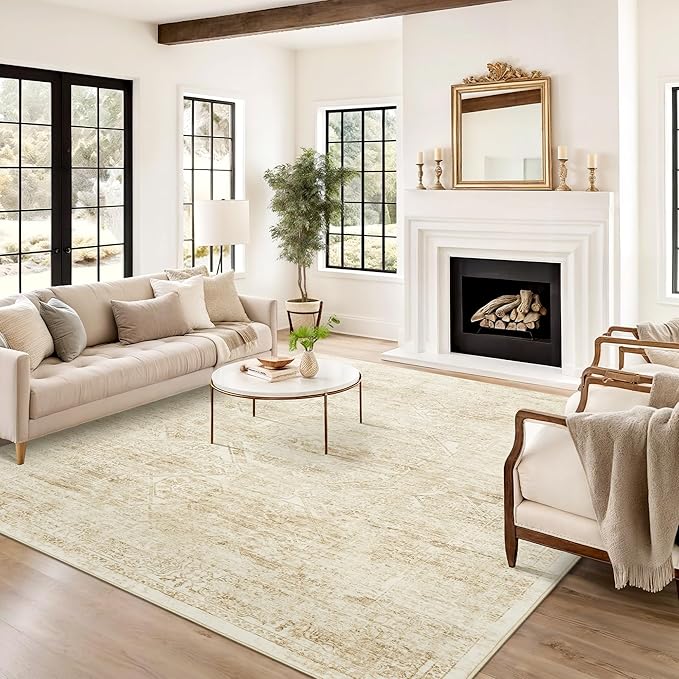 Washable Area Rug 8x10, Large Soft Rugs for Living Room Vintage Beige Rug 8x10 Area Rugs for Bedroom Dining Room Floral Non-Slip Thin Rug