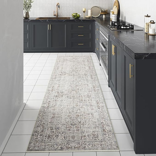 Taupe Runner Rug 2x6 Hallway Machine Washable Kitchen Vintage Distressed Non Slip Long Carpet Indoor Retro Floral Bedroom Accent Throw Rug for Bathroom Office Laundry Dining Living Room