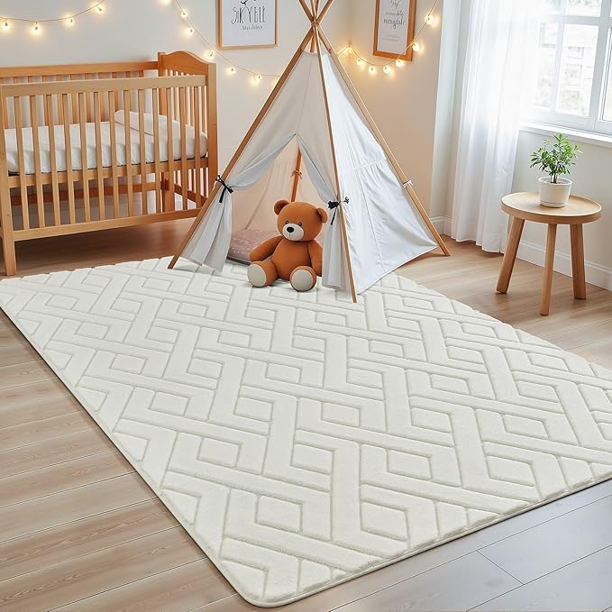 Ultra Soft Cream White Area Rug for Bedroom, 3x5 Modern Geometric Shag Rugs with Nonslip Backing for Living Room, Washable Fuzzy Carpet for Cozy Kids Room Nursery