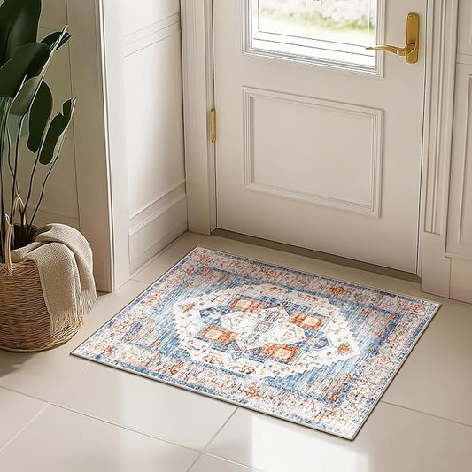 Washable 2x3 Area Rugs, Rugs for Living Room, Low-Pile Water&Stain Resistant Carpet Vintage Distressed Printed Non-Slip Carpet for Bedroom Bathroom Kitchen-Blue