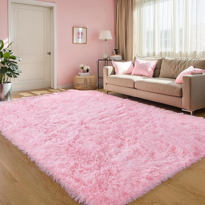 KCHOWUA Pink Fluffy Shag Rugs for Bedroom Girls,4'x6' Machine Washable Soft Shaggy Fuzzy Throw Cute Large Area Rug for Living Room,Modern Pastel Plush Nursery Toddler Kids Dorm Floor Room Carpets