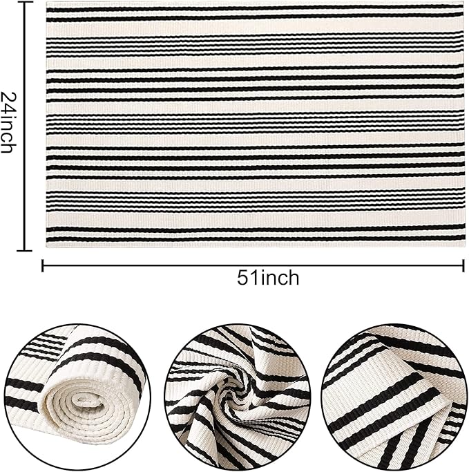 Black and White Striped Outdoor Rug 24'' x 51''Farmhouse Front Porch Mat Hand-Woven Machine Washable Layered Door Mats for Entryway/Bedroom