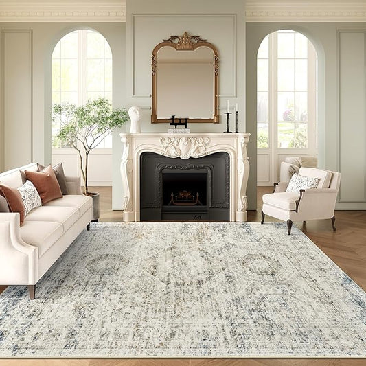 10x14 Area Rugs for Living Room, Non Slip Machine Washable Vintage Rugs, Low Pile Lightweight Large Rug for Bedroom, Dining Room, Home Office Blue Ivory