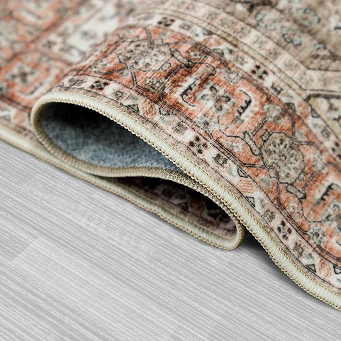 Washable 2x3 Entryway Area Rug: Vintage Non-Slip Backing Rugs for Kitchen Bathroom Water Resistant Carpet for Bedroom Soft Low Pile Front Door Mat for Dining Room 2x3 Orange/Brown