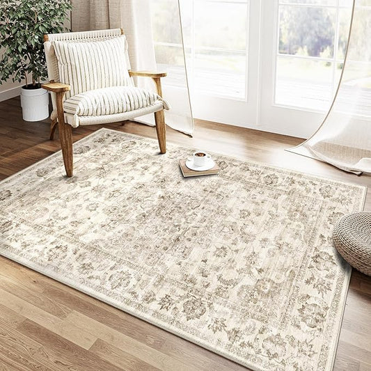 4x5 Washable Neutral Area Rug Beige Floral Living Room Bedroom Carpet Non-Slip Low Pile Vintage Soft Thin Throw Rug for Dining Room Entryway Dorm Office Kitchen Bathroom