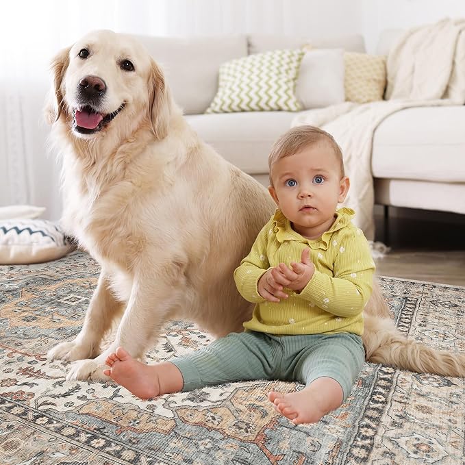 Beige Area Rug for Bedroom & Living Room - Washable, Non-Slip, Foldable, Low Pile, 5x7