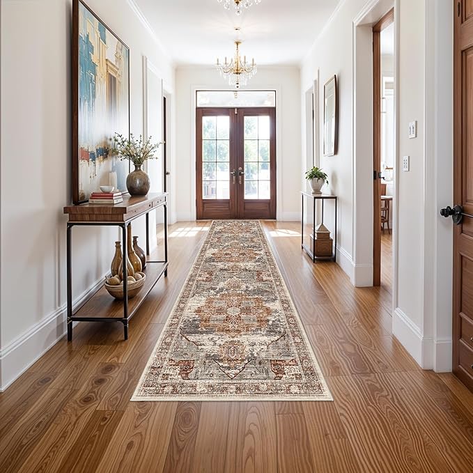 RUUGME Washable 3X12 Runner Rugs - Large Boho Rugs for Living Room Stain Resistant Carpet Vintage Tribal Rugs for Bedroom Kitchen Bathroom Non Slip Backing Home Decor Floor Decoration Mat 3x12 Brick
