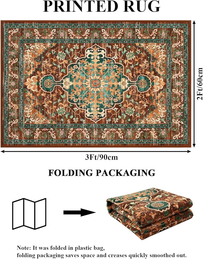 U'Artlines 2x3 Washable Boho Area Rug, Small Non Slip Vintage Doormat for Indoor Front Door Ultra Thin Mat Carpet for Entryway Kitchen Bathroom Bedroom Rust＆Teal