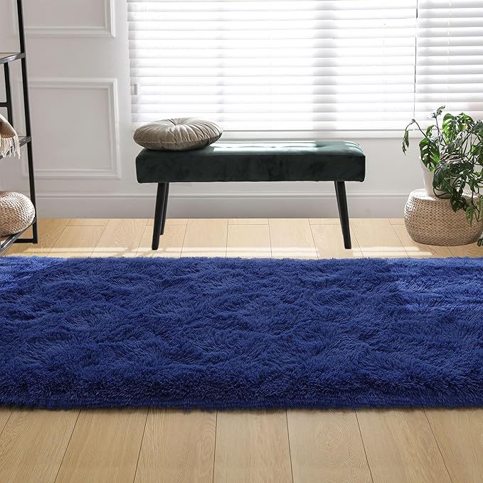 Tepook Soft Runner Rugs for Bedroom 2x6 ft with Rubber Backing, Navy Fluffy Rugs for Living Room, Shag Bedside Rug Fuzzy Plush Carpet for Room, Area Rug for Dorm Nursery Hallway Indoor Home Decor