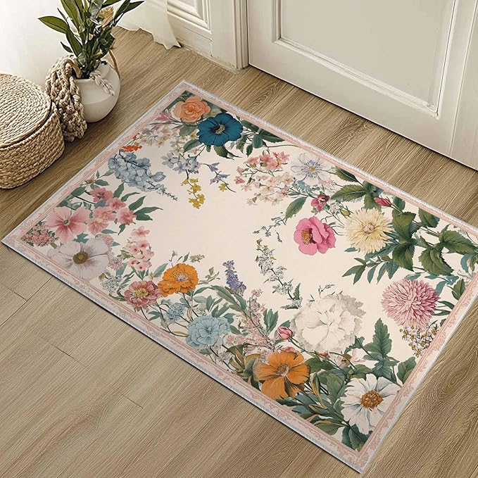 2x3 Entryway Rugs Machine Washable Area Rug Blue Yellow Pink White Floral Boho Botanical Leaf Flower Rug Non-Slip Low Pile Door Mat Entrance Small Carpet for Home Kitchen Bathroom Bedroom