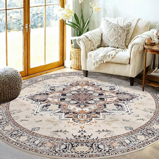 BESTSWEETIE 6ft Area Rugs for Living Room Washable Non Slip Carpet Low Pile Soft Vintage Print Pattern Rug for Bedroom Dining Room Kitchen Entryway Indoor-Khaki/Beige/Purple/Black/Brick