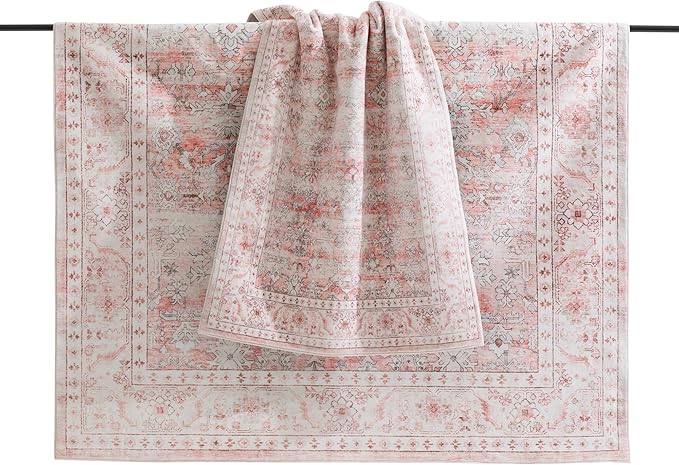 Carvapet Pink Rugs for Living Room Bedroom, Vintage Low Pile Large Carpet with Rubber Backing, Foldable, Non Slip Machine Washable (9 x 6 Feet Rectangular, Pink Area Rug)