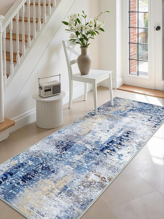 Washable Abstract Runner Rug, 2x6 Modern Area Rugs with Non-Slip Rubber Backed for Kitchen, Thin but Soft Contemporary Carpet Bedroom Entryway Hallway Decor, Midnight Blue