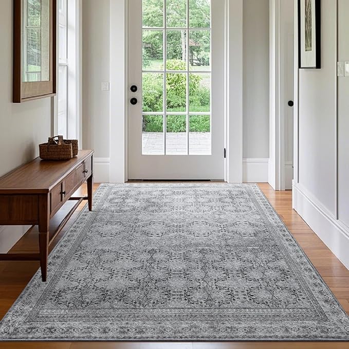 4x6 Area Rug for Bedroom Machine Washable, Non Slip Vintage Floral Kitchen Rugs for Dining Room,Rustic Indoor Floor Carpet for Kids Room, Playroom, Office Classroom Faded Grey
