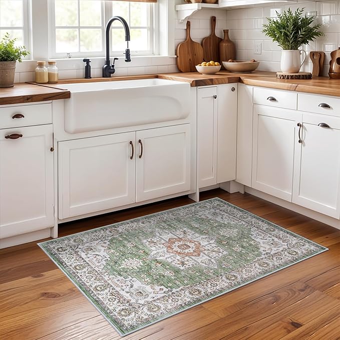 RUUGME Washable 2x3 Area Rugs - Non Slip Rug for Living Room Stain Resistant Carpet Vintage Tribal Rugs for Bedroom Kitchen Bathroom with Non Slip Backing Home Decor Floor Decoration Mat 2x3 Sage
