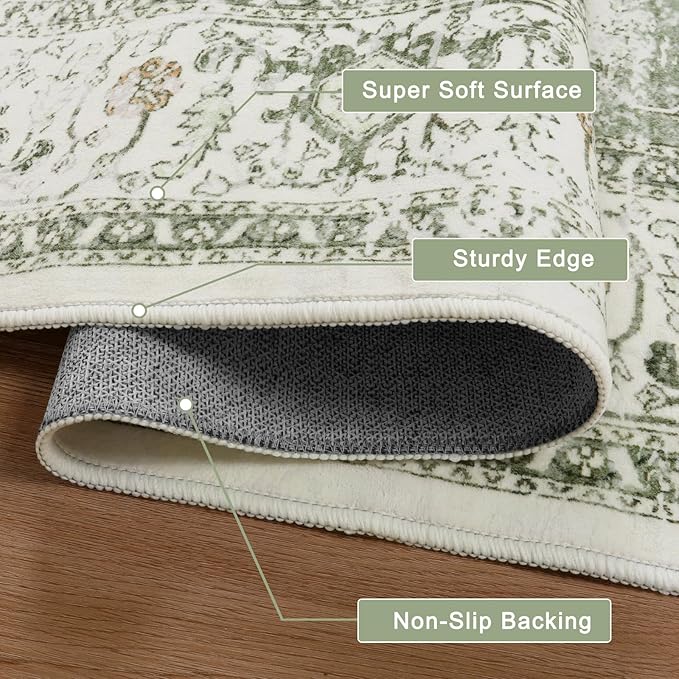 LIVEBOX Sage Green Runner Rug Non-Slip 2.5x8 - Oriental Bedroom Rugs Long Hallway Rugs for Home Decor, Low-Pile Vintage Carpet for Bathroom, Non-Slip Soft Carpet Throw Rug for Laundry Room