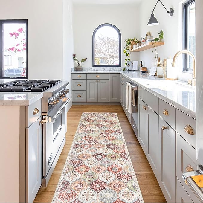 Lahome Moroccan Hallway Rug, 2'5''x8' Kitchen Runner Rugs Non Skid Washable Runners for Hallways, Ultra-Thin Oriental Carpet for Entryway Laundry Room Bedroom Bathroom, Orange/Terracotta