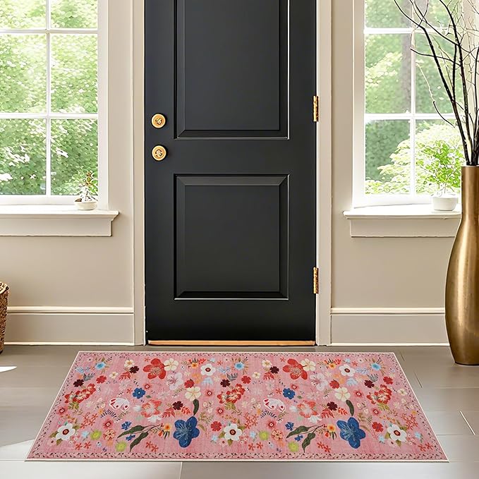 RUUGME Washable 2x5 Runner Rug - Boho Rugs for Living Room Kitchen Stain Resistant Carpet Vintage Rugs for Bedroom Bathroom with Non Slip Backing Home Decor Floor Decoration Mat 2x5 Flower Pink