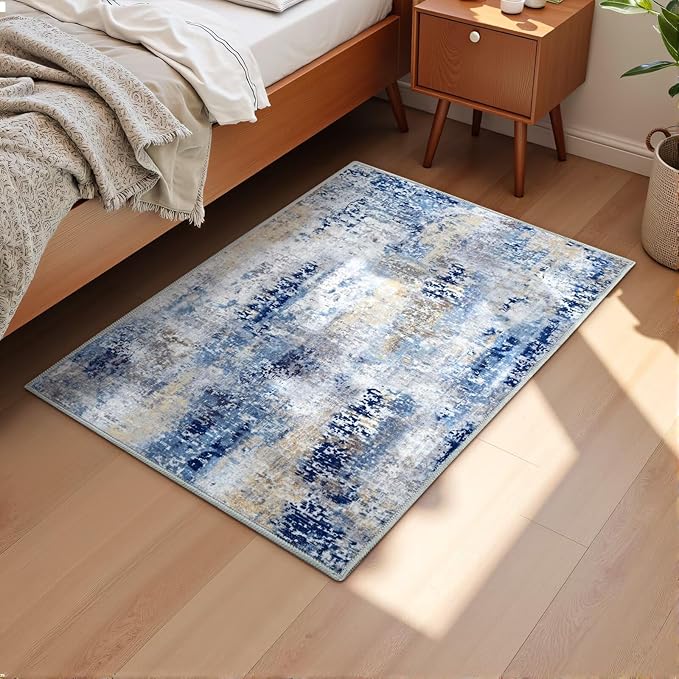 Washable Abstract Rug, 2x3 Small Modern Area Rugs with Non-Slip Rubber Backed for Kitchen, Thin but Soft Throw Carpet Bedroom Entryway Front Door Decor, Midnight Blue