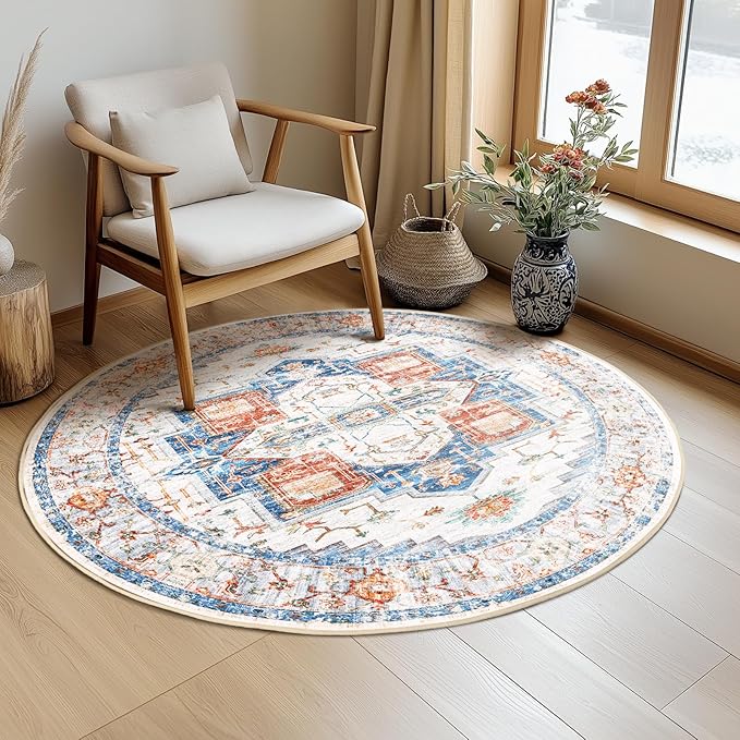 Washable 8ft Area Rugs, Rugs for Living Room, Low-Pile Water&Stain Resistant Carpet Vintage Distressed Printed Non-Slip Carpet for Bedroom Bathroom Kitchen-Blue