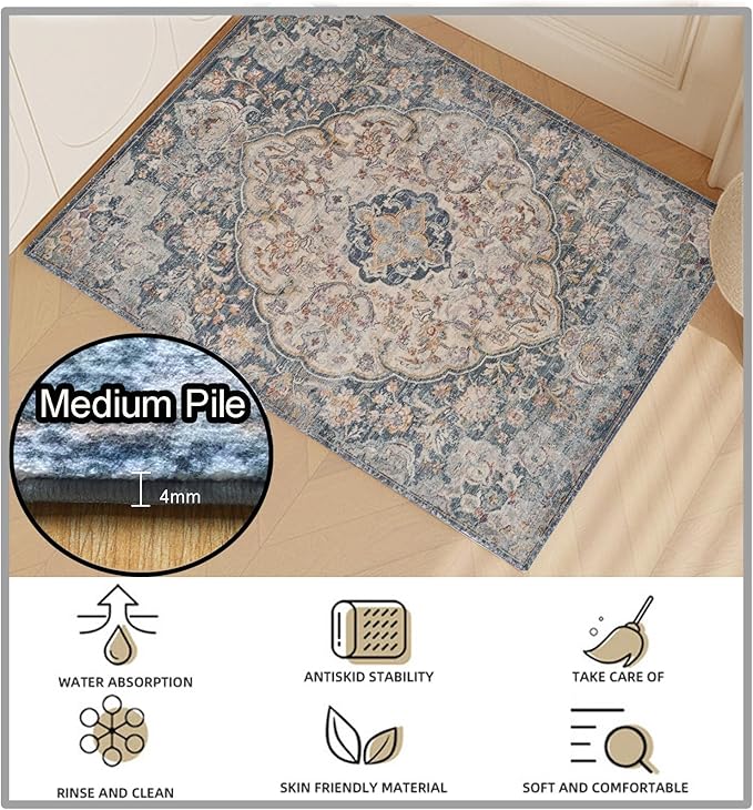 Yancorp 2'x3' Boho Area Rug for Bedroom Non Slip Washable Rug Vintage Carpet Living Room Non-Shedding Indoor Floor Mats Bedroom Kitchen Entryway Rugs-Rectangle Blue Grey