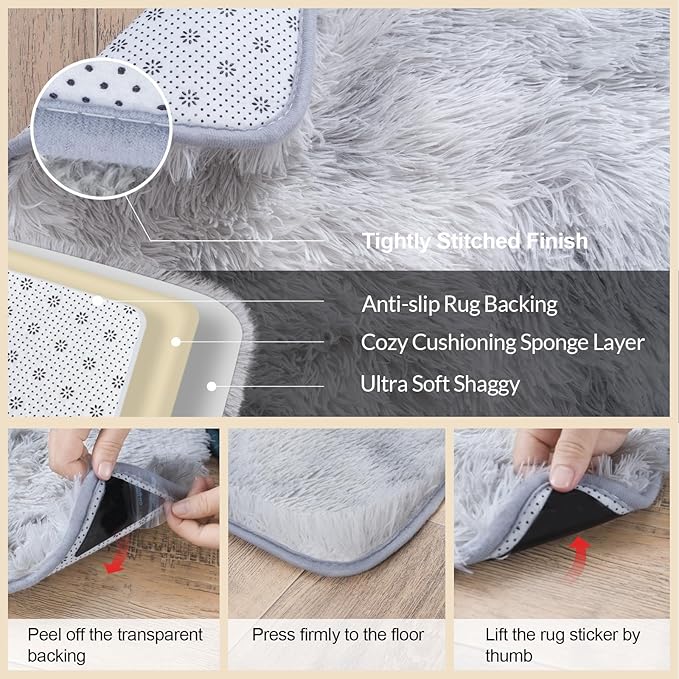3x5 Rugs for Bedroom, Fluffy Area Rugs for Living Room, Soft Shag Kids Rug Small Carpet with 4 Non-Slip Rug Pads (Grey Tie-Dyed, 3ft x 5ft)