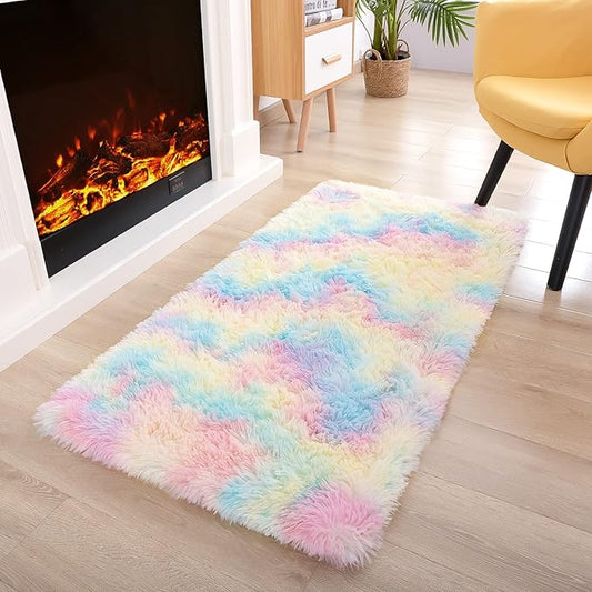 Noahas Fluffy Rainbow Rugs for Bedroom Girls,2x4 Shag Pink Kids Room Rug,Shaggy Area Rugs for Living Room,Soft Fuzzy Colorful Playroom Nursery Dorm Carpets Room Decor