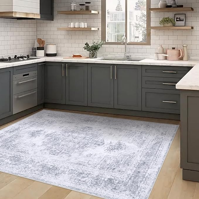 Bedroom Rug 3x5 Vintage Rug, Machine Washable Kitchen Rug Retro Medallion Distressed Rug Non-Slip Soft Low Pile Throw Rugs for Entryway Bedroom Bathroom Hallway Kitchen(LightGrey,3'x5')