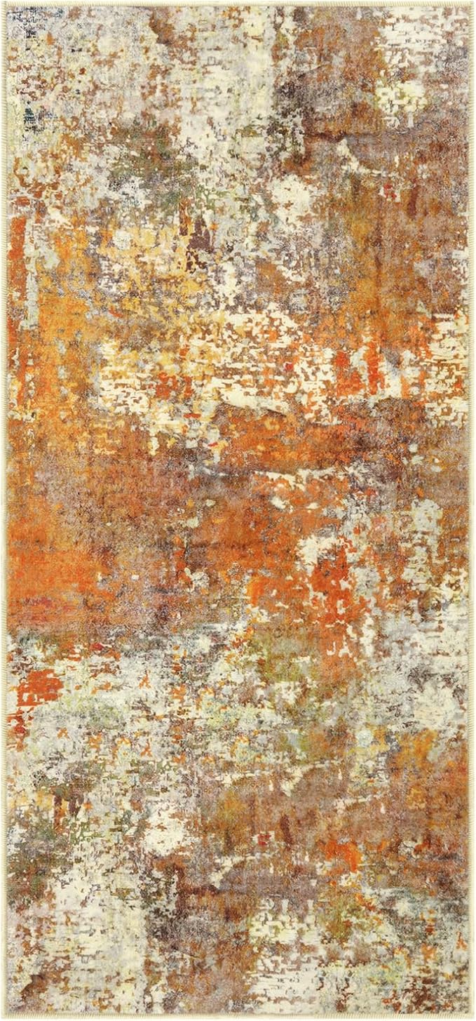 Lahome Modern Abstract Runner Rug - 2x4.3 Washable Kitchen Soft Laundry Room Rugs Bathroom Mat, Contemporary Non Slip Indoor Throw for Entryway Living Room, Yellow/Gold/Cream 2' x 4.3'