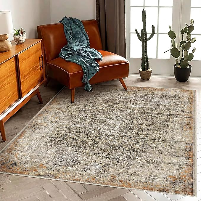 5'x7' Washable Area Rug Vintage Traditional Floor Cover Foldable Thin Kitchen Accent Indoor Distressed Non Slip Carpet Floral Print Mat for Bedroom Living Room Bathroom