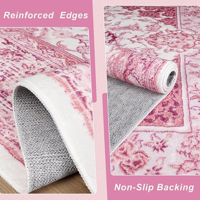 2x3 Bright Pink Area Rug for Entryway, Small Washable Rugs with Non-Slip Backing for Girls Bedroom, Cute Vintage Throw Carpet Kitchen Laundry Front Door Decor