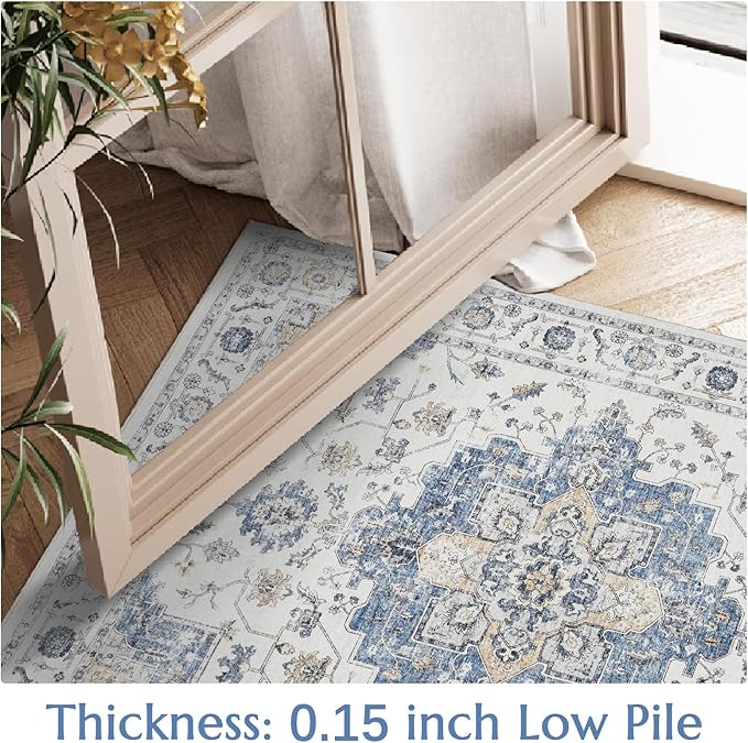 jinchan Runner Rug 3x10 Vintage Hallway Runner Boho Washable Rug Floral Medallion Retro Non Slip Classic Thin Soft Carpet for Kitchen Bedroom Bathroom Laundry Room Doorway Blue