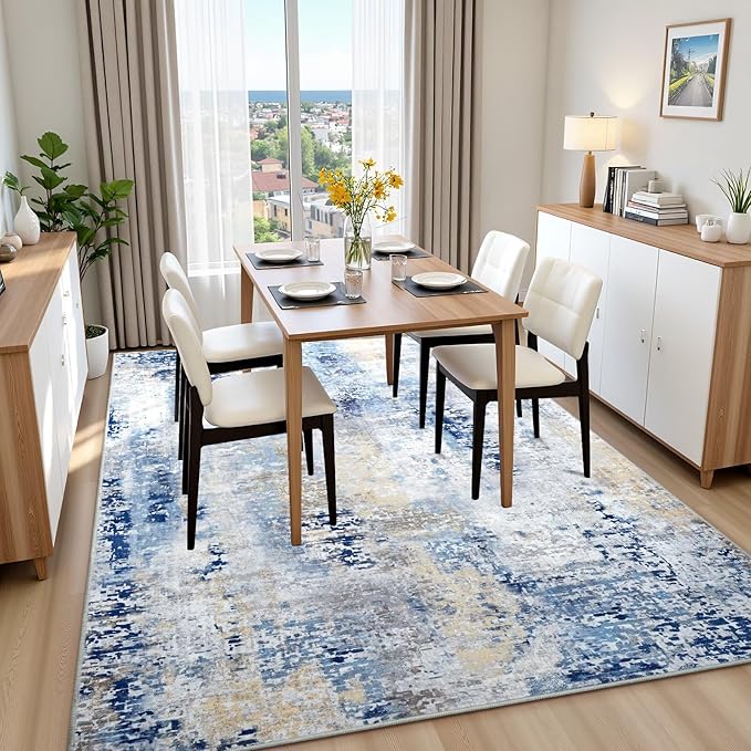 Washable Abstract Rug, 6x9 Modern Area Rugs with Non-Slip Rubber Backed for Living Room, Thin but Soft Contemporary Carpet Kitchen Bedroom Dining Room Decor, Midnight Blue